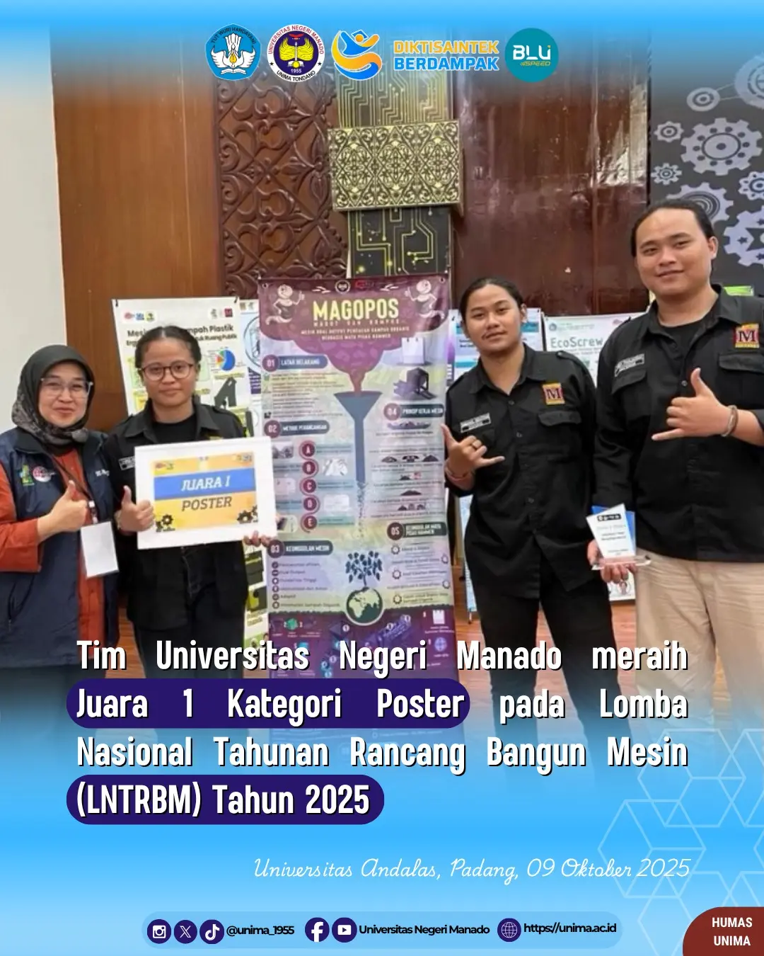 Tim UNIMA Raih Juara 1 Kategori Poster pada Lomba Nasional Tahunan Rancang Bangun Mesin 2025 di Universitas Andalas