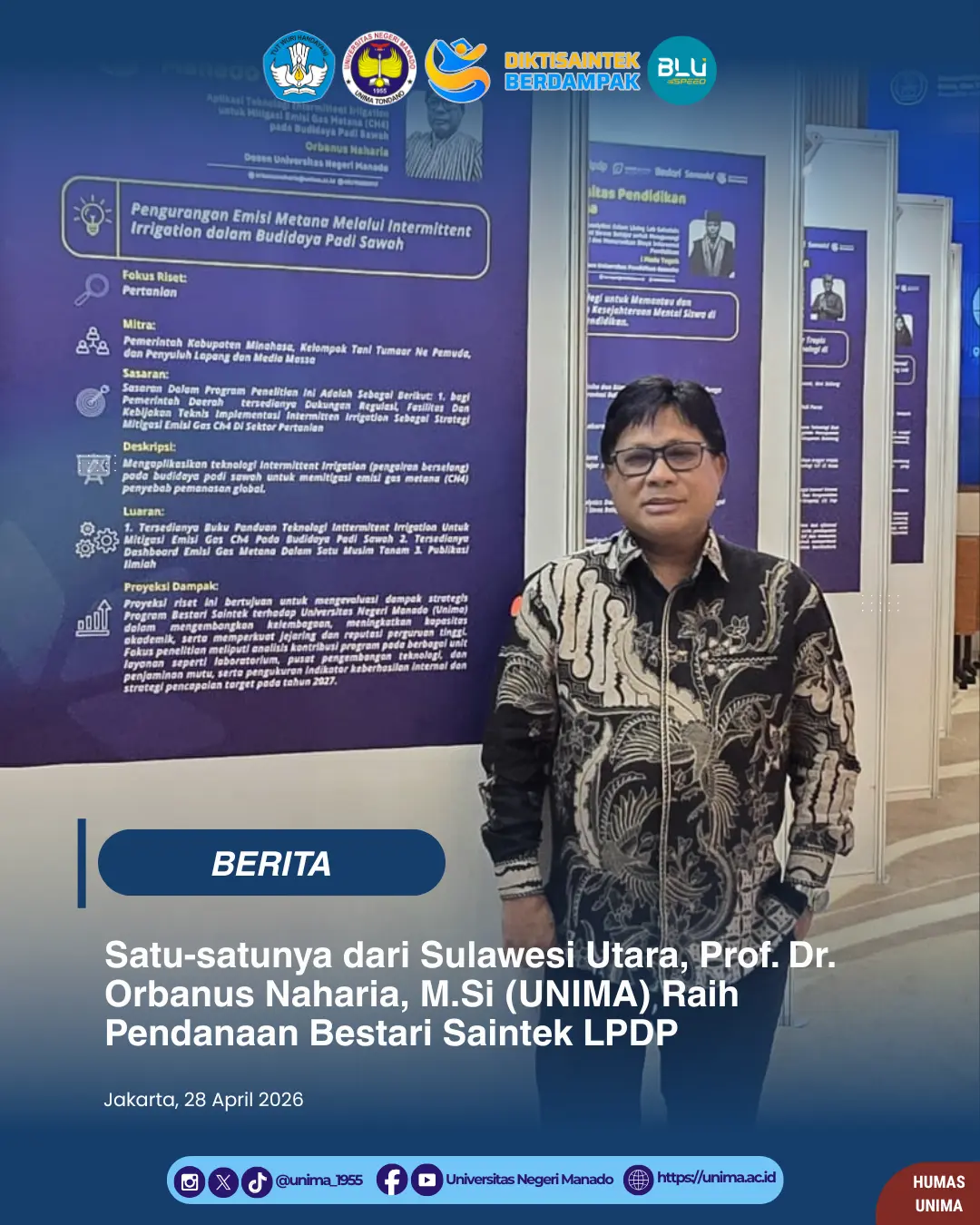 Prof. Dr. Orbanus Naharia, M.Si dari Universitas Negeri Manado Raih Pendanaan Bestari Saintek, Satu-satunya dari Sulawesi Utara