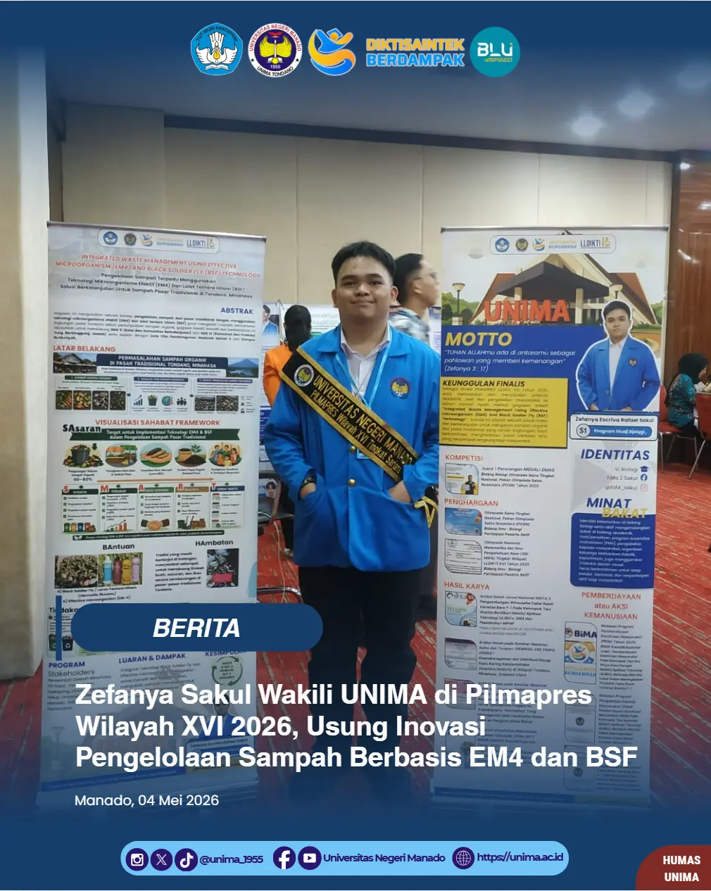 Zefanya Sakul Wakili UNIMA di Pilmapres Wilayah XVI 2026, Usung Inovasi Pengelolaan Sampah Berbasis EM4 dan BSF