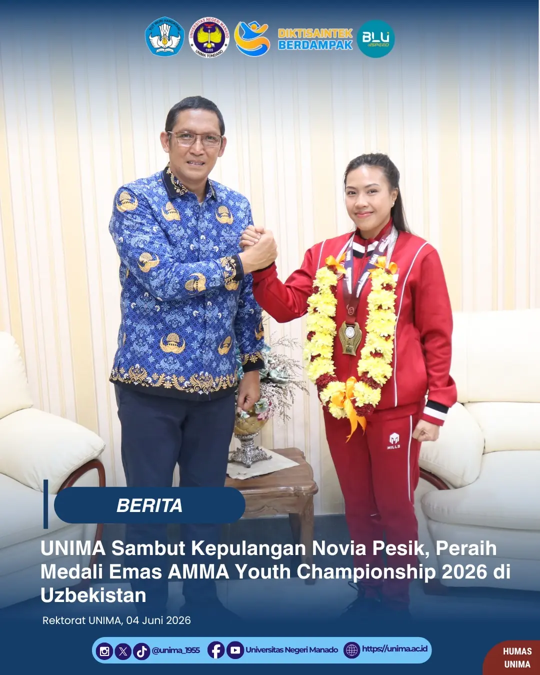 UNIMA Sambut Kepulangan Novia Pesik, Peraih Medali Emas AMMA Championship 2026 di Uzbekistan